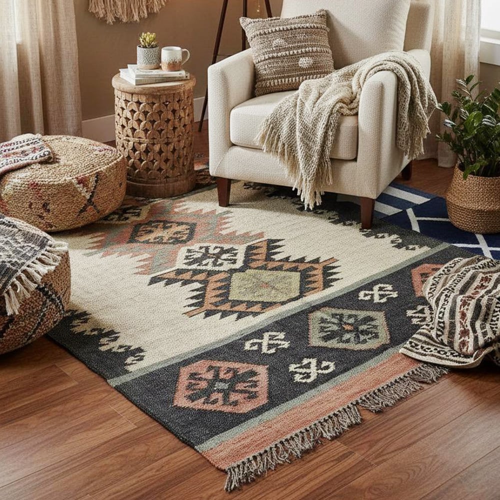 Handmade Vintage Multicolor Jute Dhurrie For Home